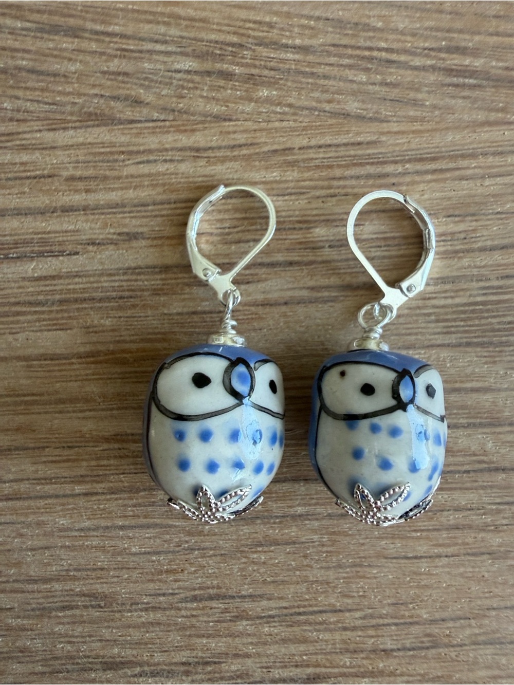HAND CRAFTED WHIMSICAL CERAMIC BLUE OWL in a NEST EARRINGS Dangle Drop Novelty
